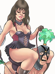 Drawing arts of gorgeous dominant ladies training their naked male slaves