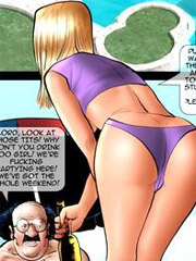 Hanged and tied blonde slave babe gets her holes used in turn by two perverted men.
